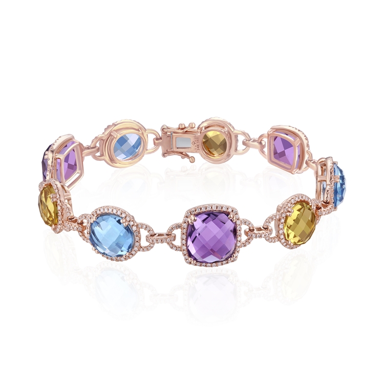 14K Rose Gold Bracelet Multi Color Semi Precious Stones in Pave Diamond  Halos